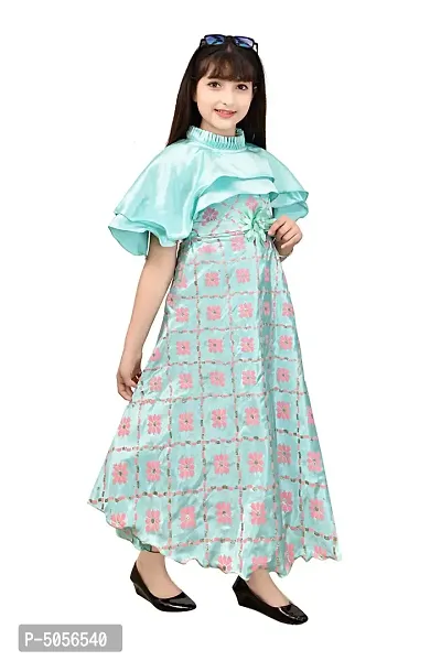 Turquoise Silk Self Pattern Maxi Dress for Girls-thumb4