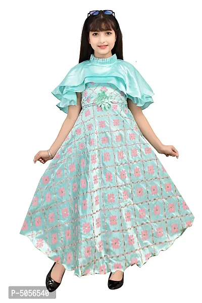 Turquoise Silk Self Pattern Maxi Dress for Girls
