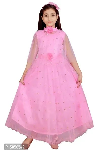 Stylish Pink Silk Self Pattern Maxi Dress For Girls-thumb0