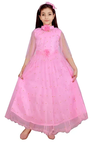Stylish Pink Silk Self Pattern Maxi Dress For Girls