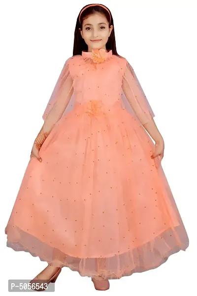 Peach Silk Self Pattern Maxi Dress for Girls-thumb0