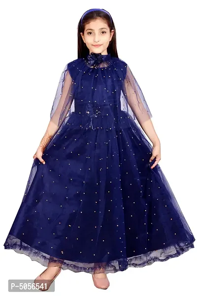 Stylish Navy Blue Silk Self Pattern Maxi Dress For Girls-thumb0