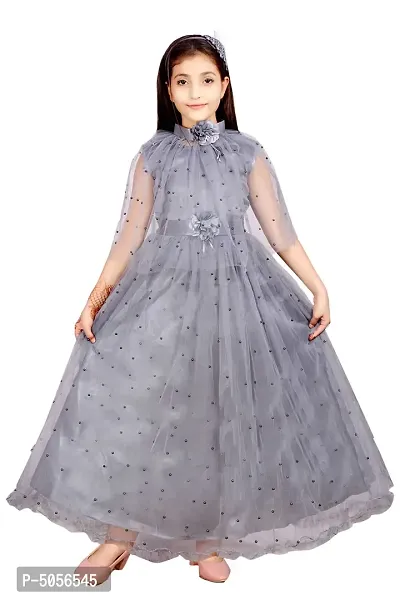 Stylish Grey Silk Self Pattern Maxi Dress For Girls-thumb0