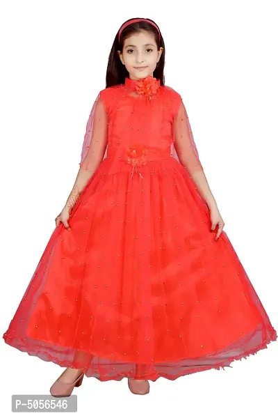 Red Silk Self Pattern Maxi Dress for Girls