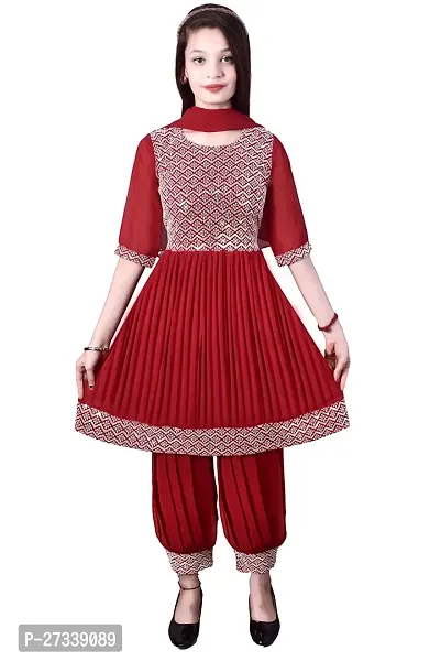 Stylish Red Georgette Suit Salwar With Dupatta For Girls-thumb0