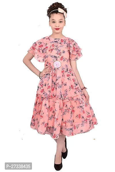 Stylish Peach Georgette A-Line Dress For Girls-thumb0