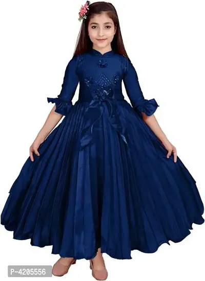 Girls Navy Blue Silk Dress-thumb0