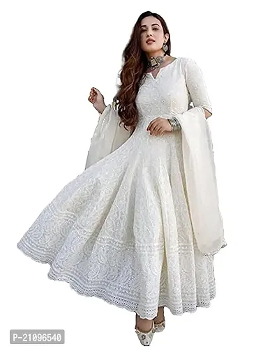 Ambrozee|| White Embroidery Chikankari Anarkali Gown for Women-thumb0
