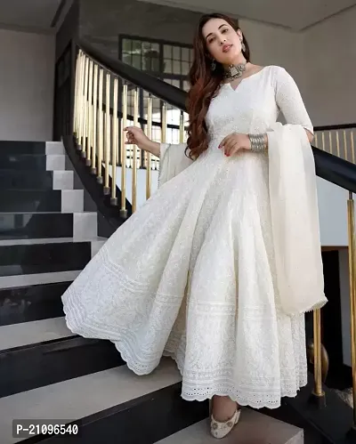 Ambrozee|| White Embroidery Chikankari Anarkali Gown for Women-thumb2