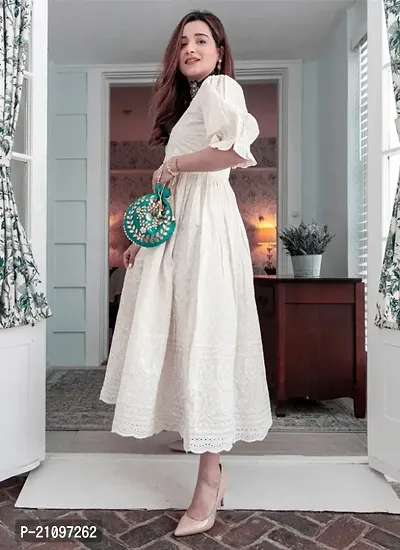 Ambrozee|| White Chikankari Anarkali Gown With Baloon Sleeves for Women-thumb3