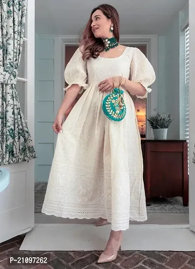 Ambrozee|| White Chikankari Anarkali Gown With Baloon Sleeves for Women-thumb4