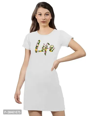 Stylish White Cotton Printed Round Neck Dress For Women-thumb0