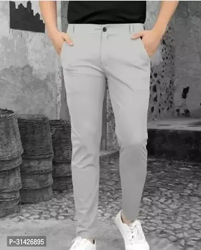 Elegant Grey Lycra Solid Casual Trousers For Men-thumb0