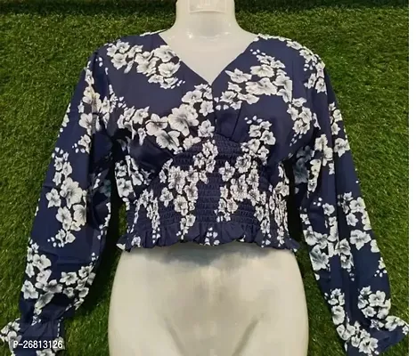 Elegant Navy Blue Poly Crepe Printed Tunic For Women