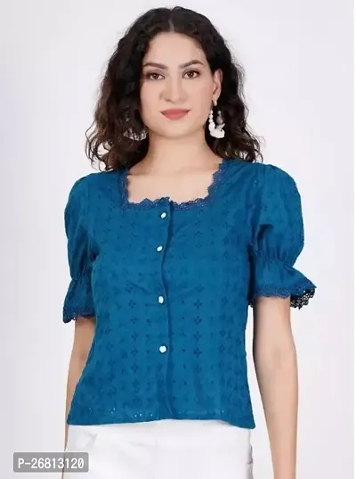 Elegant Blue Cotton Solid Tunic For Women-thumb0
