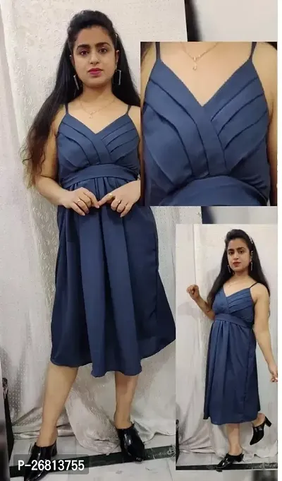 Stylish Navy Blue Georgette Solid Fit And Flare Dress For Women
