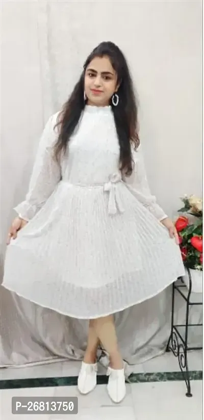 Stylish White Georgette Solid Fit And Flare Dress For Women
