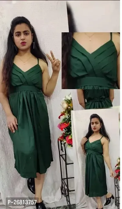 Stylish Green Georgette Solid Fit And Flare Dress For Women