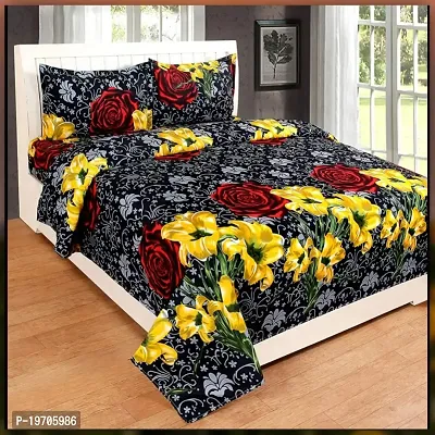 New Premium Microfiber 3D Floral Printed Double bedsheets with 2 Pillow Cover Beautiful bedsheets for Double Bed Yellow Black-thumb0