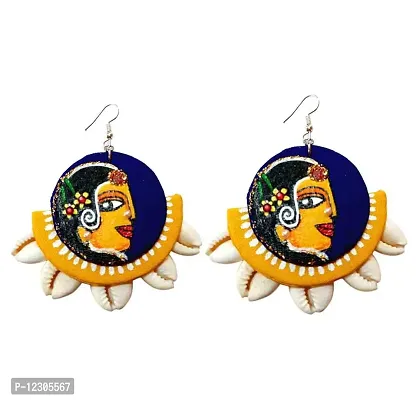 Hand Printed Kori Traditional Design Kalamkari Dangle Earrings Blue and Yellow Combination for women and Girls ( Dangle earrings )-thumb0