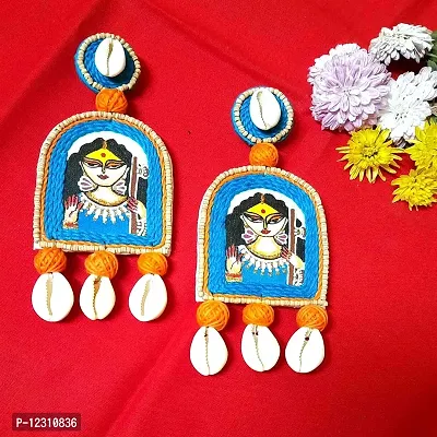 Anindita Unique Design Hand Printed Seashell Jewelry Cowrie Blue Saraswati Earrings Girls / Women ( Light weight free size 1 Pair of Earring)-thumb3