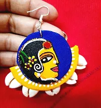 Hand Printed Kori Traditional Design Kalamkari Dangle Earrings Blue and Yellow Combination for women and Girls ( Dangle earrings )-thumb1