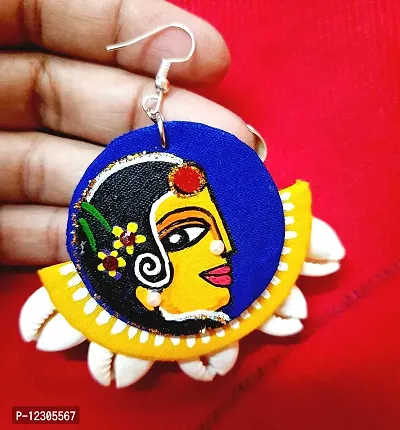 Hand Printed Kori Traditional Design Kalamkari Dangle Earrings Blue and Yellow Combination for women and Girls ( Dangle earrings )-thumb2