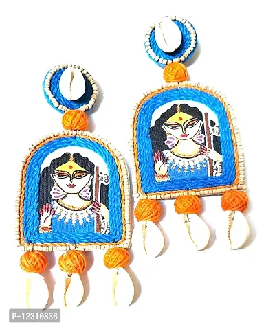 Anindita Unique Design Hand Printed Seashell Jewelry Cowrie Blue Saraswati Earrings Girls / Women ( Light weight free size 1 Pair of Earring)-thumb0