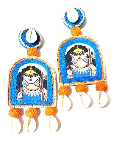 Anindita Unique Design Hand Printed Seashell Jewelry Cowrie Blue Saraswati Earrings Girls / Women ( Light weight free size 1 Pair of Earring)
