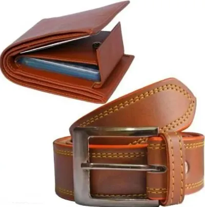 Stylish Faux Leather Two Fold Wallet with Free Belt Set