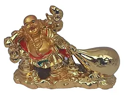 UDee Feng Shui Golden Laughing Buddha with Wealth Coin Potli Decorative Showpiece (6 cm x 7 cm x 10 cm)-thumb1