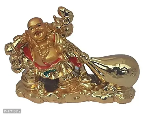 UDee Feng Shui Golden Laughing Buddha with Wealth Coin Potli Decorative Showpiece (6 cm x 7 cm x 10 cm)-thumb2