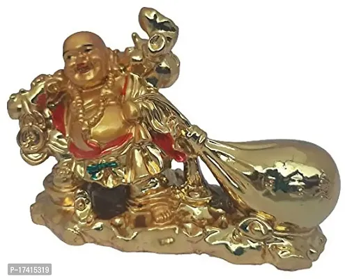 UDee Feng Shui Golden Laughing Buddha with Wealth Coin Potli Decorative Showpiece (6 cm x 7 cm x 10 cm)-thumb3