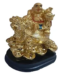 UDee Handcrafted Feng Shui Laughing Buddha Riding on Dragon and Ingot Home Decor and Gifting (Height 9 cm X Length 8 cm X Width 6Cm)-thumb1