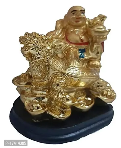 UDee Handcrafted Feng Shui Laughing Buddha Riding on Dragon and Ingot Home Decor and Gifting (Height 9 cm X Length 8 cm X Width 6Cm)-thumb2