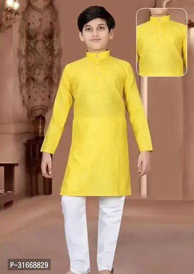 Stylish Yellow Cotton Blend Kurta Pajama Set For Boys-thumb0