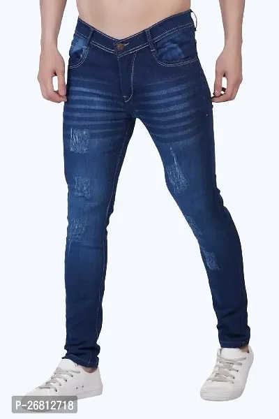 Stylish Cotton Blend Navy Blue Solid Mid Rise Jeans For Men-thumb0