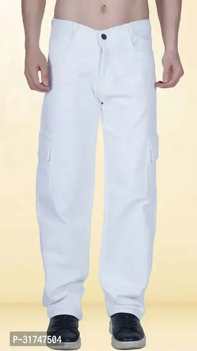 Elegant White Denim Solid Jeans For Men-thumb0