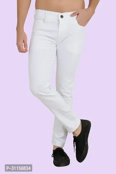 Stylish White Cotton Blend Mid-Rise Jeans For Men-thumb0