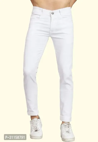 Stylish White Cotton Blend Mid-Rise Jeans For Men-thumb0