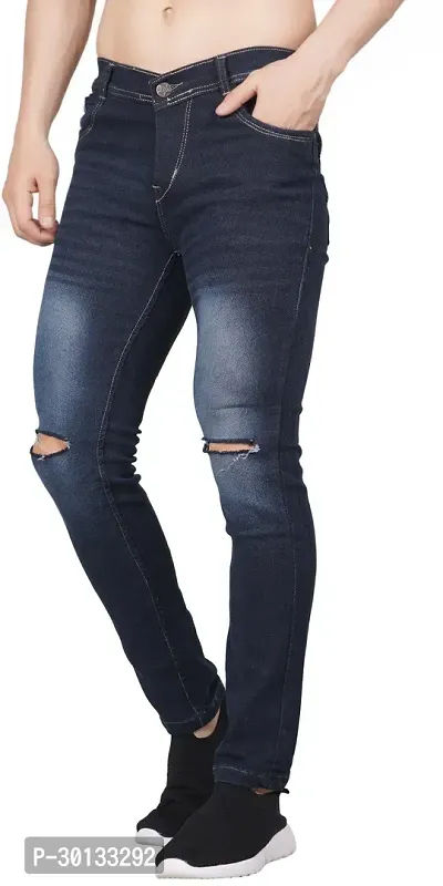 Stylish Blue Denim Distress Mid-Rise Jeans For Men-thumb0