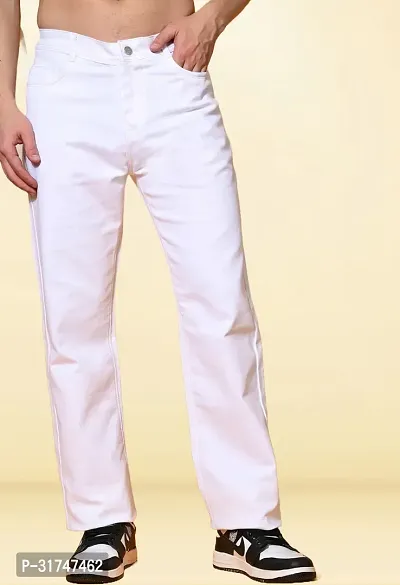 Elegant White Denim Solid Jeans For Men-thumb0