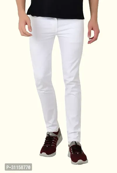 Stylish White Cotton Blend Mid-Rise Jeans For Men-thumb0