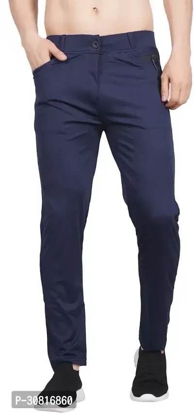 Linaria Stylish Blue Lycra Blend Solid Regular Fit Trouser For Men