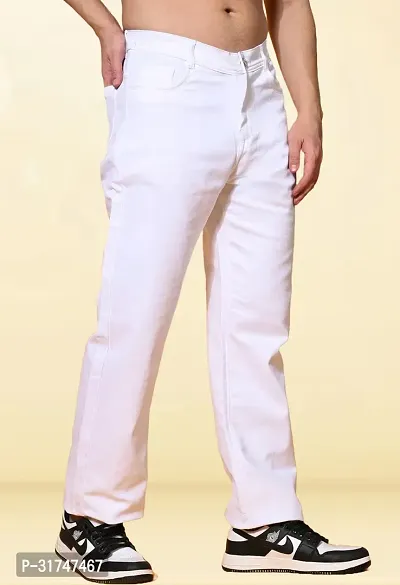 Elegant White Denim Solid Jeans For Men-thumb0