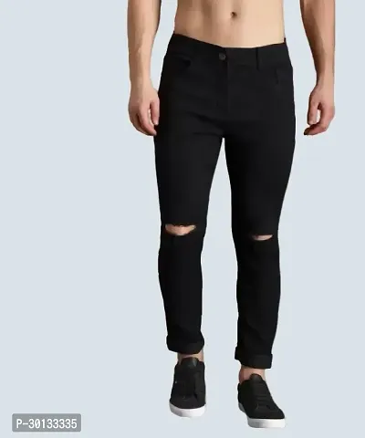 Stylish Black Denim Distress Mid-Rise Jeans For Men-thumb0