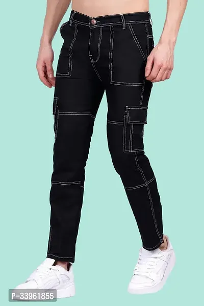 Stylish Black Denim Solid Mid-Rise Jeans For Men-thumb3