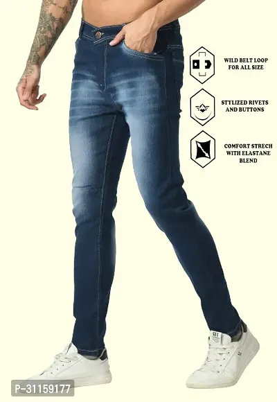 Stylish Blue Cotton Blend Mid-Rise Jeans For Men