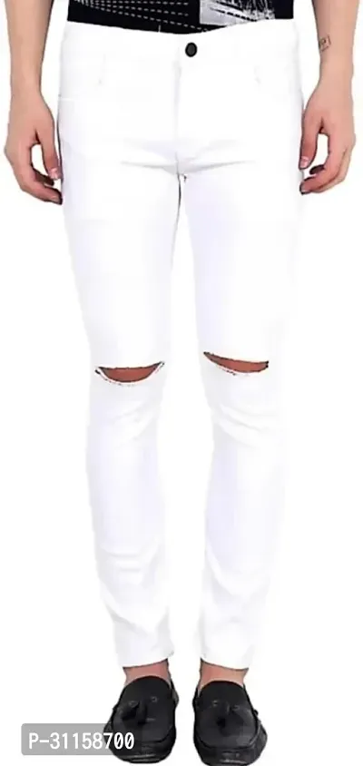 Stylish White Cotton Blend Mid-Rise Jeans For Men