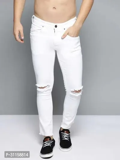 Stylish White Cotton Blend Mid-Rise Jeans For Men-thumb0